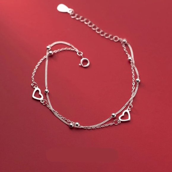 925 Sterling Silver Double Layer Bracelet Heart For Women Sweet Chain St… - Picture 5 of 6